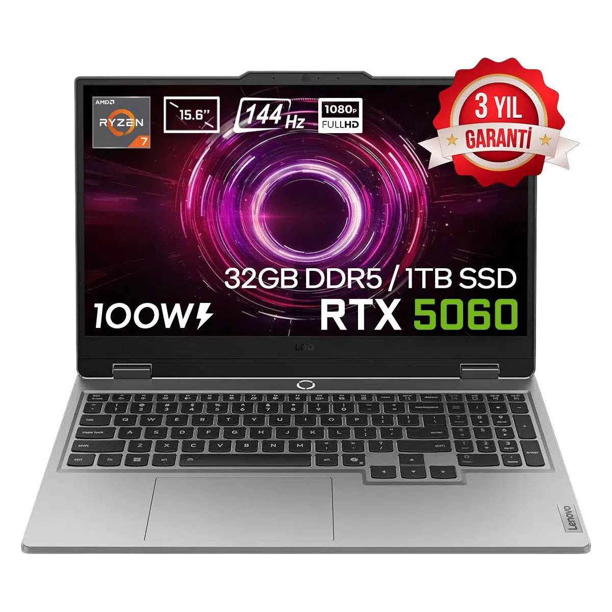 LOQ 15AHP10 AMD Ryzen 7 250 32GB DDR5 1TB SSD RTX 5060 8GB 100W 15.6 inç Full HD 144Hz IPS FreeDos Gaming Laptop (83JG008UTRv2)