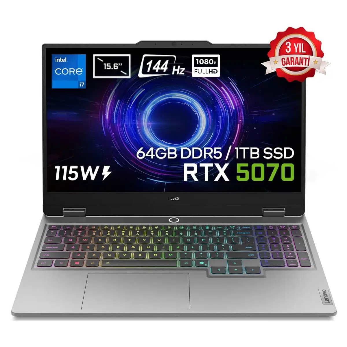LOQ 15IRX10 Intel Core i7-13650HX 64GB DDR5 1TB SSD RTX 5070 8GB 115W 15.6 inç Full HD 144Hz IPS FreeDos Gaming Laptop (83JE00EWTRv6)