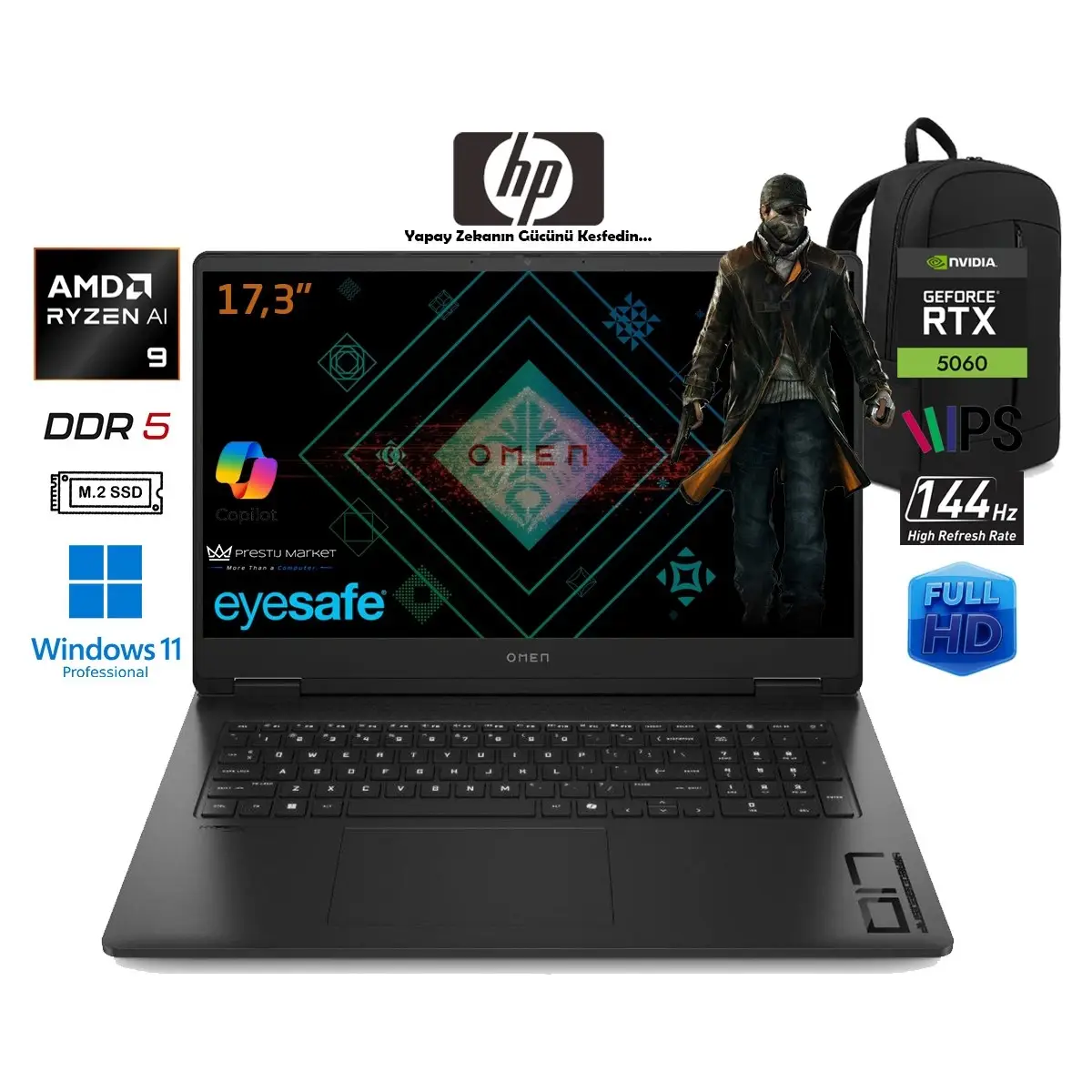 omen 17-DB1022NT Ryzen Ai 9-365 32GB 2tb RTX5060 8gb(Yeni Nesil Yapay Zeka)17.3 144hz W11 Pro CD5N2EA Prestij Çanta