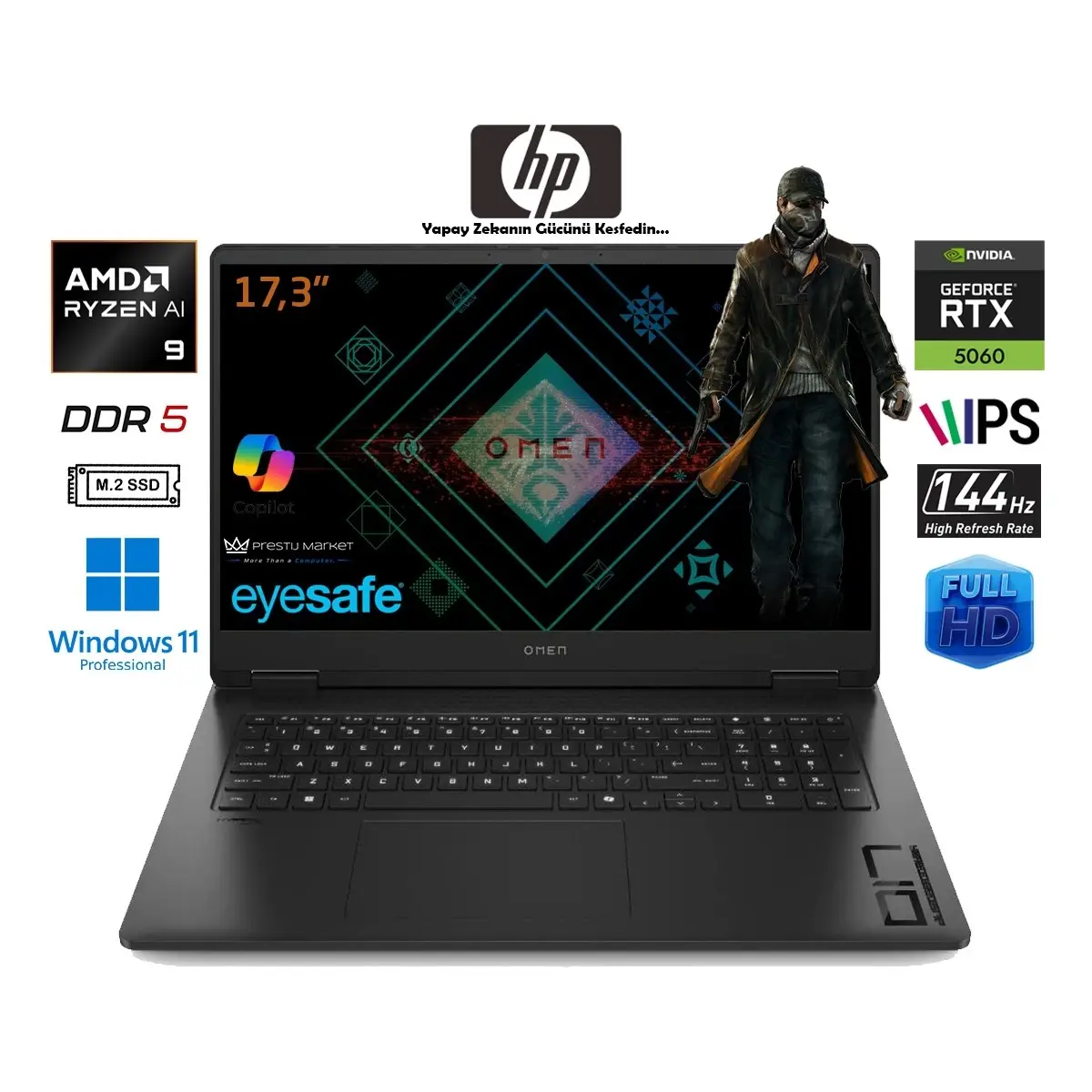 omen 17-DB1022NT Ryzen Ai 9-365 8gb 1tb RTX5060 8gb(Yeni Nesil Yapay Zeka)17.3 144hz W11 Pro CD5N2EA Prestij