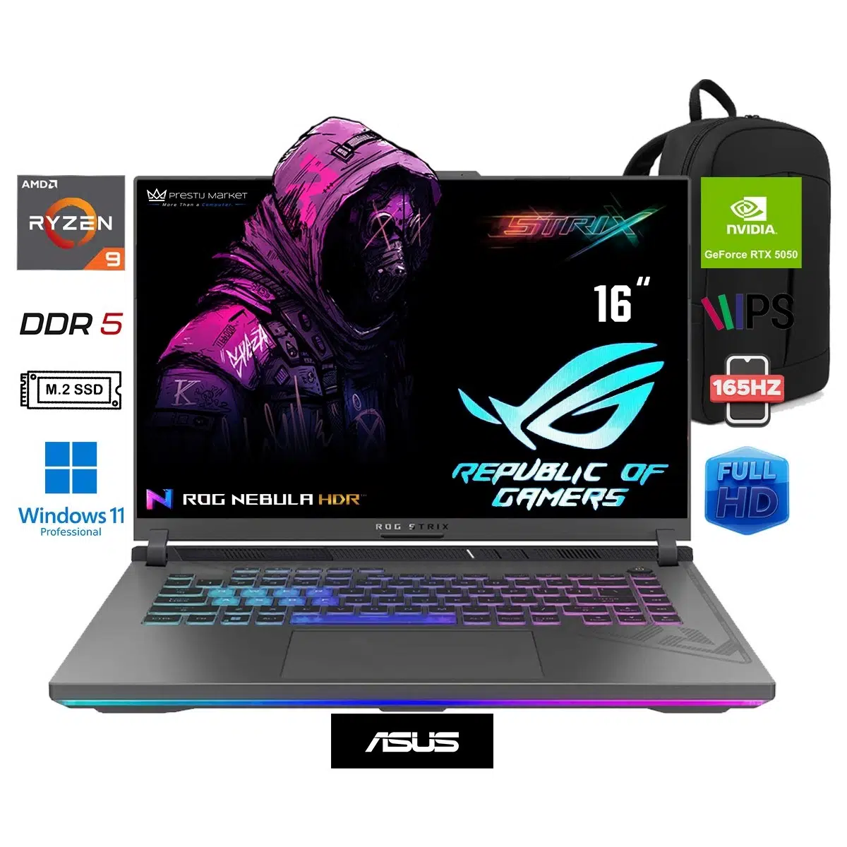rog Strix G16 G614PH-RV036 Amd Ryzen 9 8940HX 32GB 1tb SSD RTX5050 W11 Pro 16" Wuxga 165Hz Taşınabilir Bilgisayar Prestij Çanta