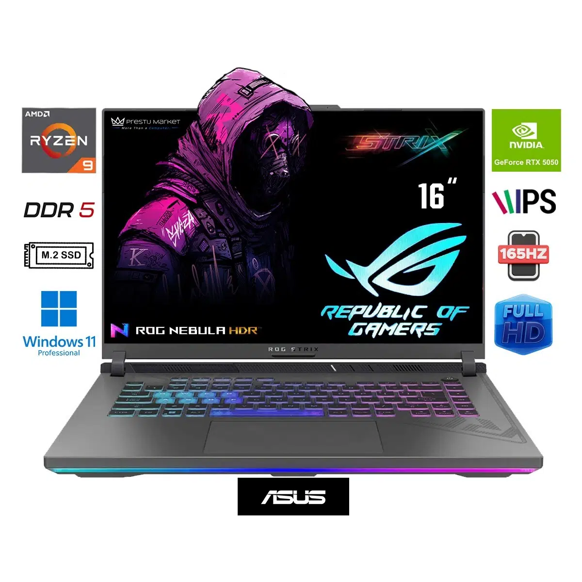 rog Strix G16 G614PH-RV036 Amd Ryzen 9 8940HX 32GB 2tb SSD RTX5050 W11 Pro 16" Wuxga 165Hz Taşınabilir Bilgisayar Prestij