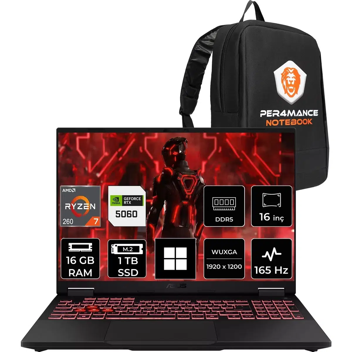 Tuf A16 Ryzen 7 260 RTX 5060 8GB 16GB RAM 1TB SSD 16" FHD+ 165Hz Win11 Pro FA608UMRV130P408 Gaming Laptop + Per4 Çanta