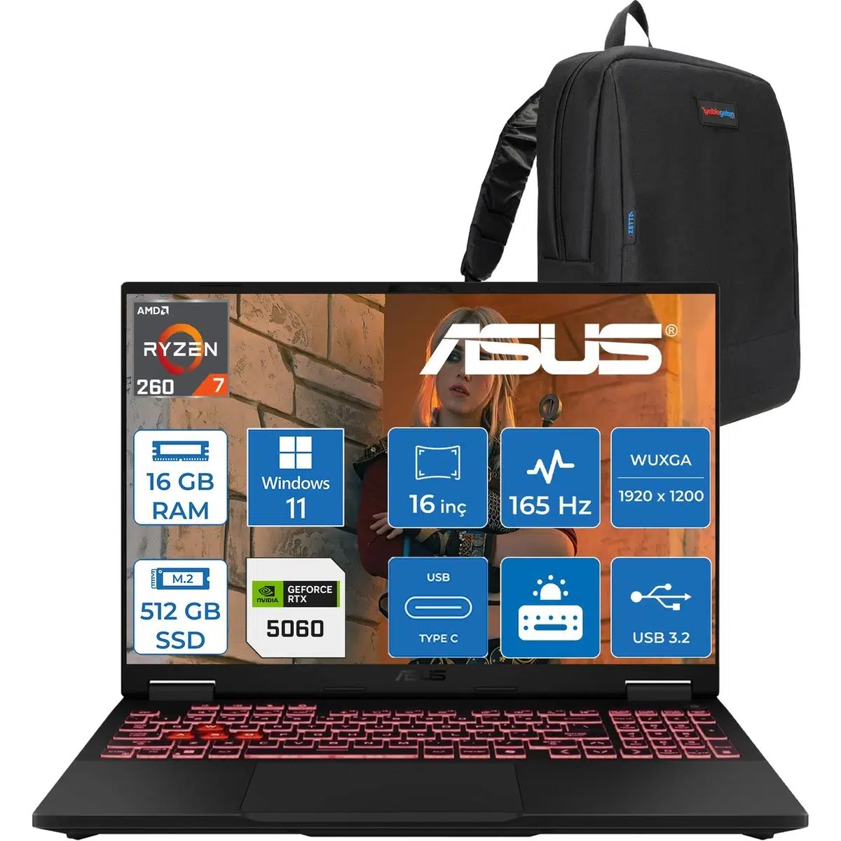 Tuf Gaming A16 (FA608UM-GAMING) Amd Ryzen™ 7 260 Aı 16GB Ddr5 512GB SSD RTX5060/8GB 115W FHD+16"(1920 x 1200, Wuxga) 3ms 300NITS 165Hz Srgb %100 WIN11PRO Gaming Bilgisayar ZRV131P02+ZETTAÇANTA