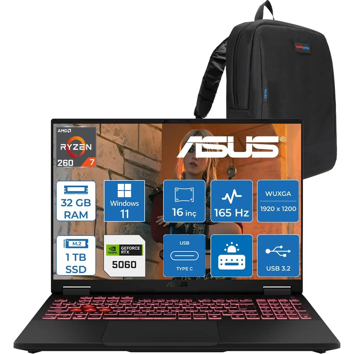 Tuf Gaming A16 (FA608UM-GAMING) Amd Ryzen™ 7 260 Aı 32GB Ddr5 1tb SSD RTX5060/8GB 115W FHD+16"(1920 x 1200, Wuxga) 3ms 300NITS 165Hz Srgb %100 WIN11PRO Gaming Bilgisayar ZRV131P13+ZETTAÇANTA